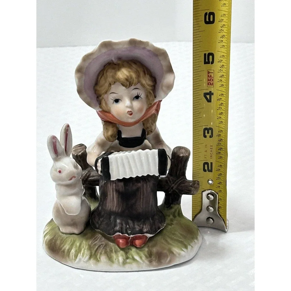 Vintage Porcelain Girl On Fence Playing‎ Accordion with Bunny Rabbit Figurine